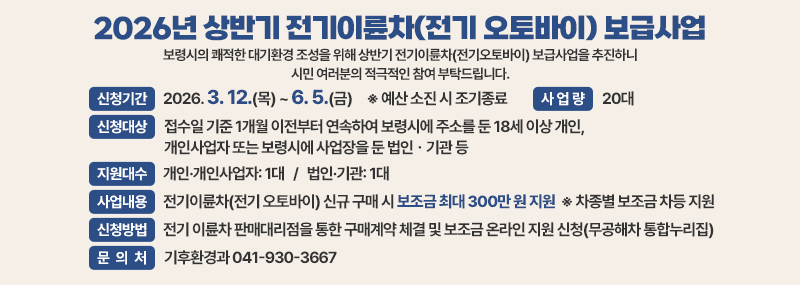 2026년 상반기 전기이륜차(전기 오토바이) 보급사업 보령시의 쾌적한 대기환경 조성을 위해 상반기 전기이륜차(전기오토바이) 보급사업을 추진하니 시민 여러분의 적극적인 참여 부탁드립니다. [신청기간]2026. 3. 12.(목) ~ 6. 5.(금) [※ 예산 소진 시 조기종료] [사업량] 20대 [신청대상]접수일 기준 1개월 이전부터 연속하여 보령시에 주소를 둔 18세 이상 개인, 개인사업자 또는 보령시에 사업장을 둔 법인·기관 등 [지원대수]개인·개인사업자: 1대 / 법인·기관: 1대 [사업내용]전기이륜차(전기 오토바이) 신규 구매 시 보조금 최대 300만 원 지원 ※ 차종별 보조금 차등 지원 [신청방법]전기 이륜차 판매대리점을 통한 구매계약 체결 및 보조금 온라인 지원 신청(무공해차 통합누리집)